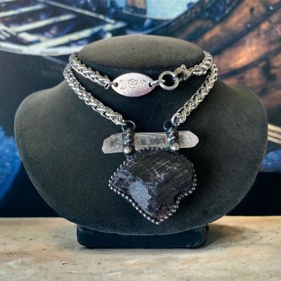 Natural black tourmaline & crystal quartz charm boho goth necklace . - Picture 7 of 14